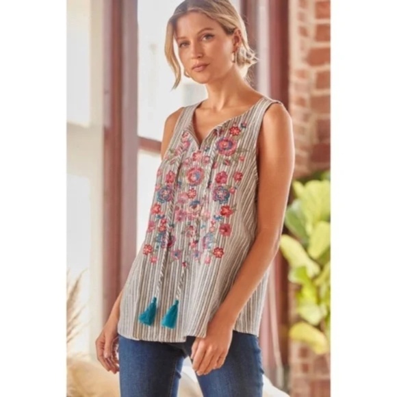 Denim Striped Embroidered Floral Sleeveless Tassel Tie Relaxed Boho Blouse - Picture 3 of 4